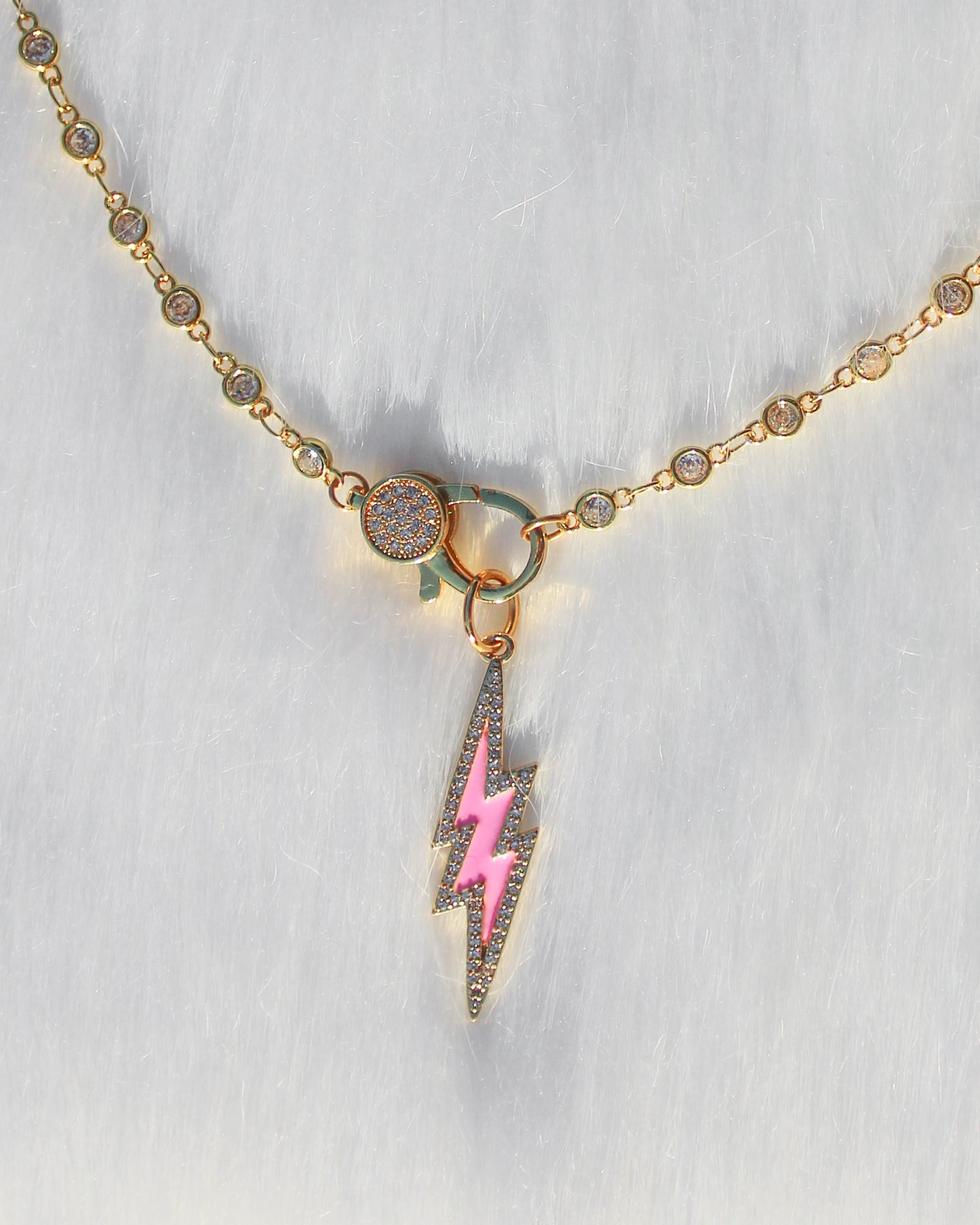 Front Clasp Choker- Gold Crystal Chain: Pink Lightning