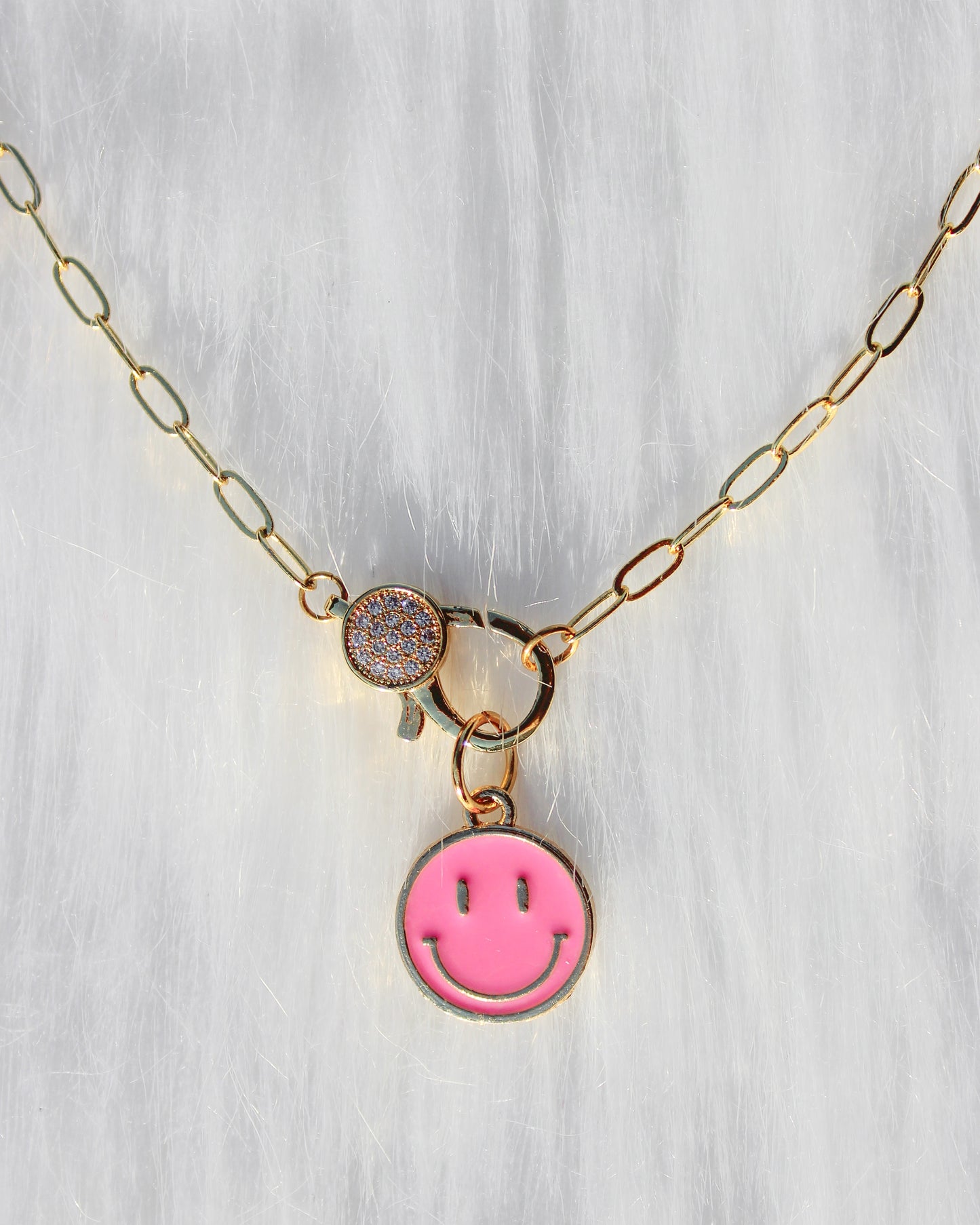 Front Clasp Choker- Paperclip Chain: Hot Pink Smiley