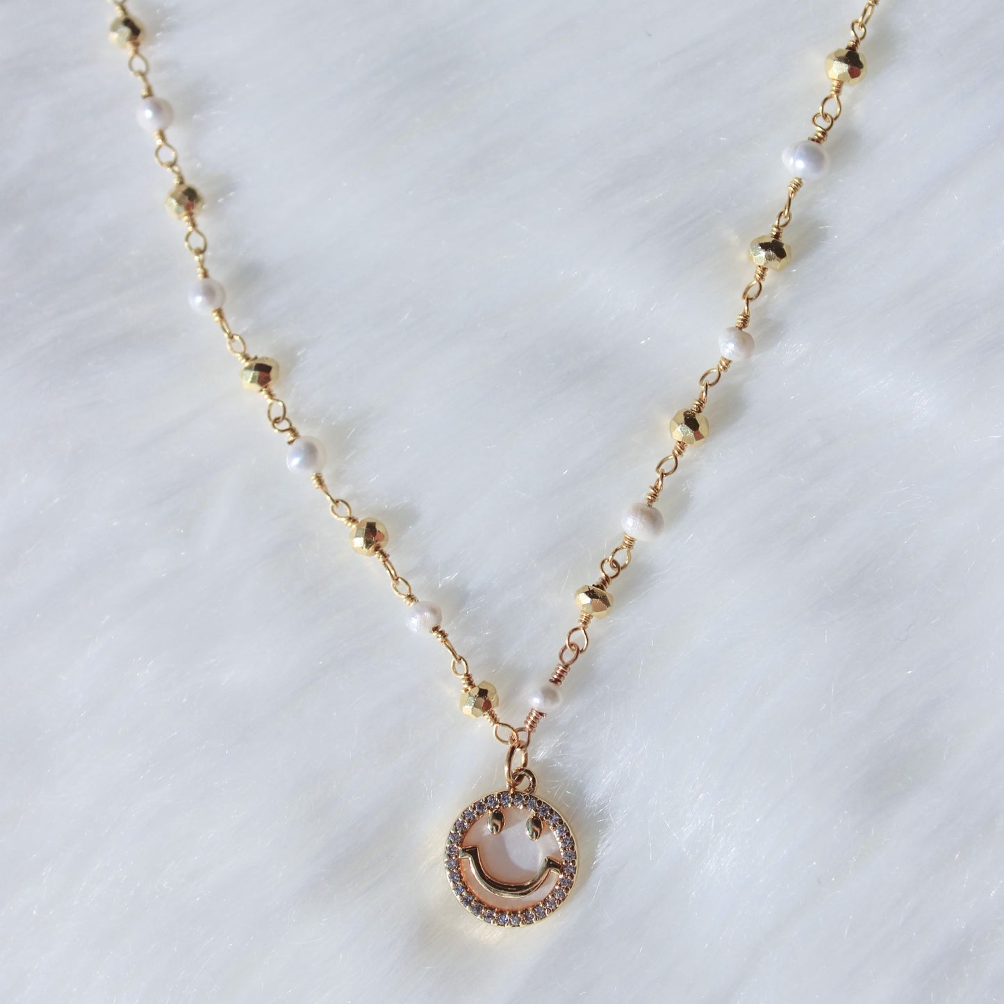 Mother of Pearl Smiley Face Beaded Necklace