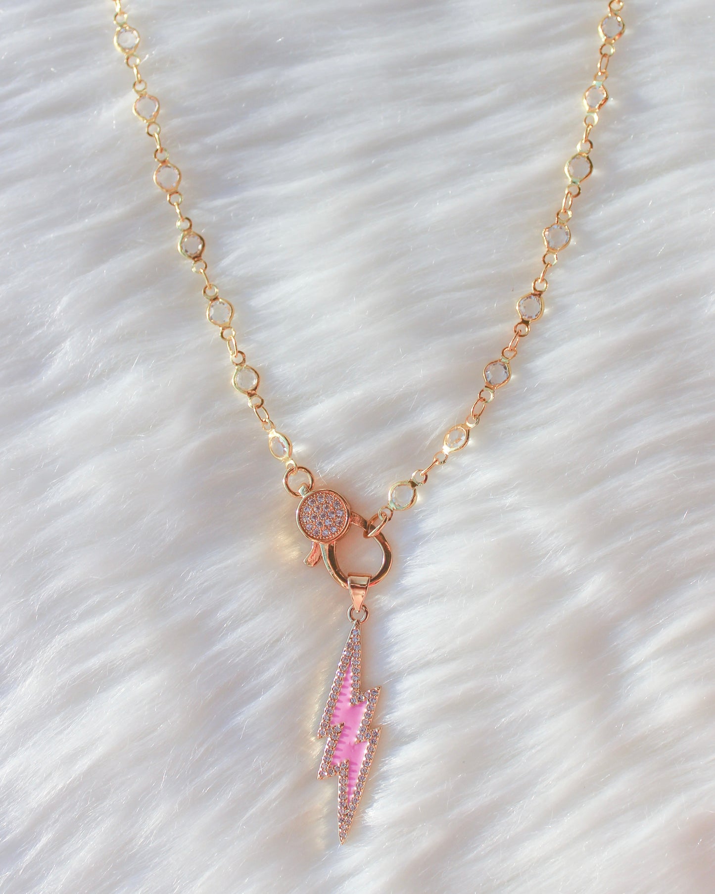 Front Clasp Choker- Gold Crystal Chain: Pink Lightning