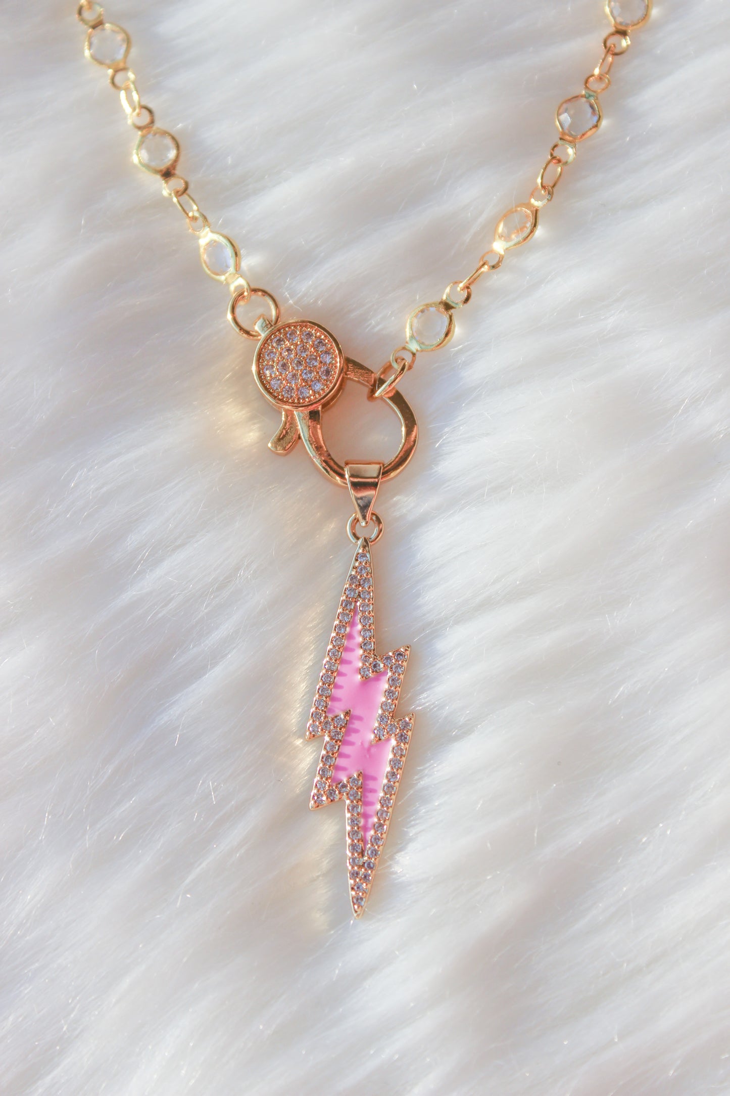 Front Clasp Choker- Gold Crystal Chain: Pink Lightning