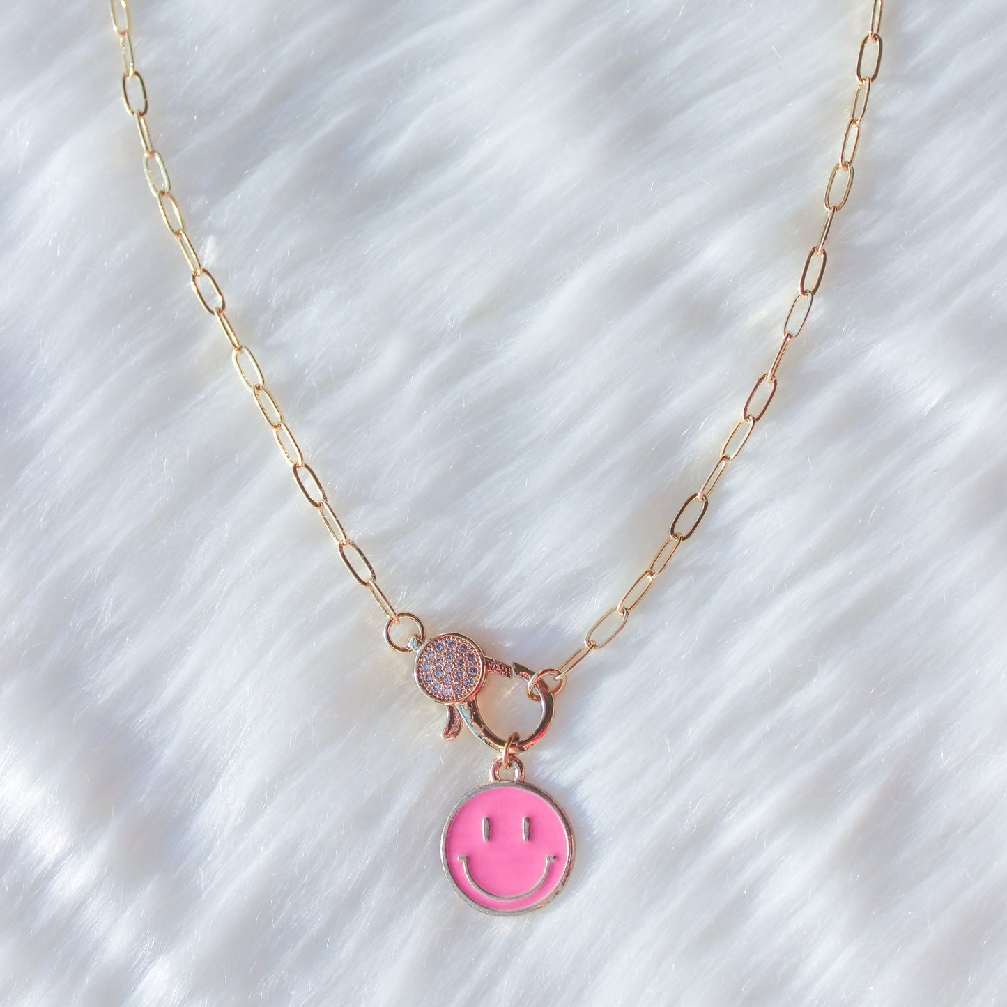 Front Clasp Choker- Paperclip Chain: Hot Pink Smiley