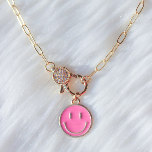 Front Clasp Choker- Paperclip Chain: Hot Pink Smiley