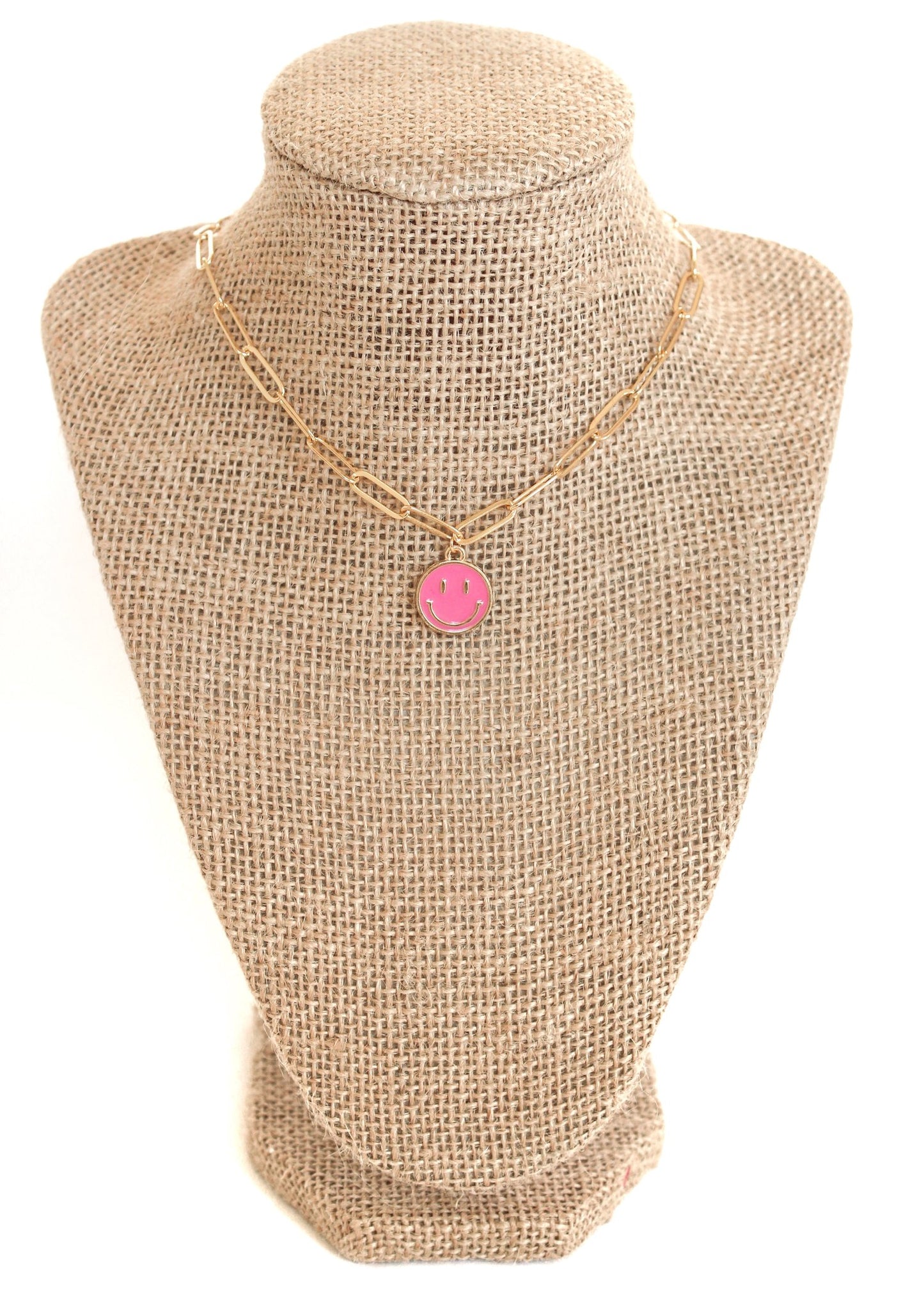 Large Hot Pink Smiley Necklace- Gold Plated