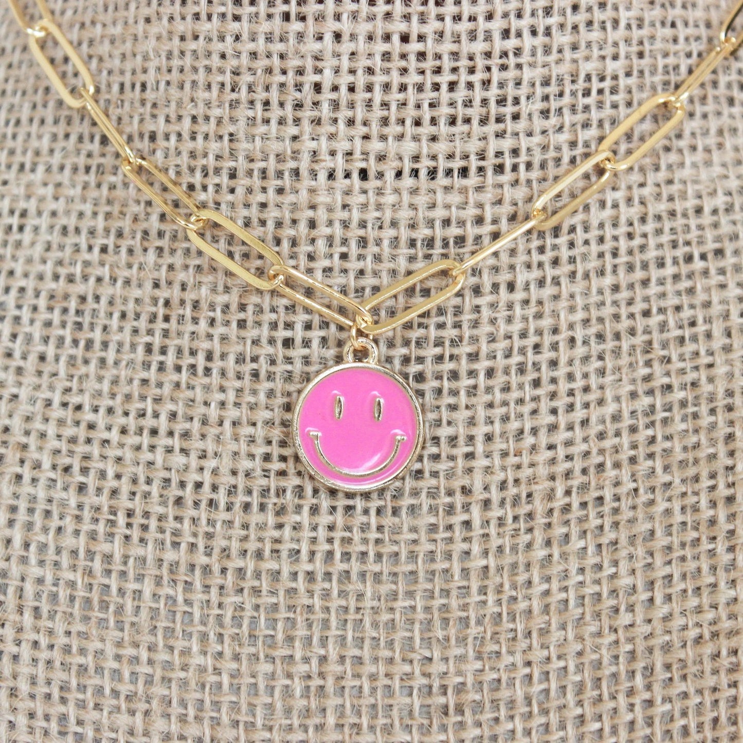 Large Hot Pink Smiley Necklace- Gold Plated